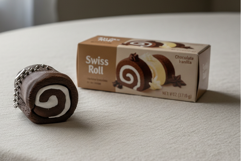 Chocolate Swiss roll with a box on a white tablecloth