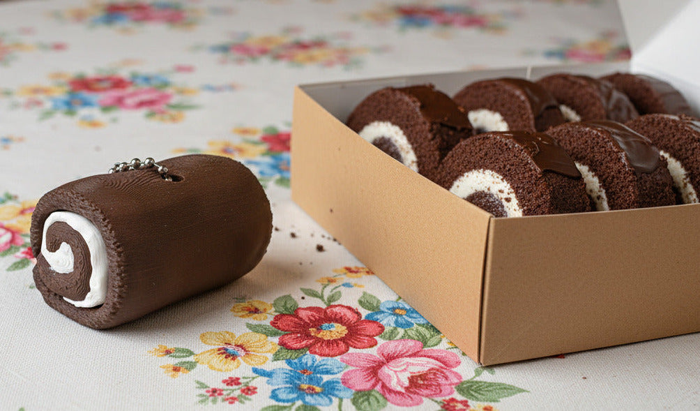 Chocolate roll cake model and box on a floral tablecloth