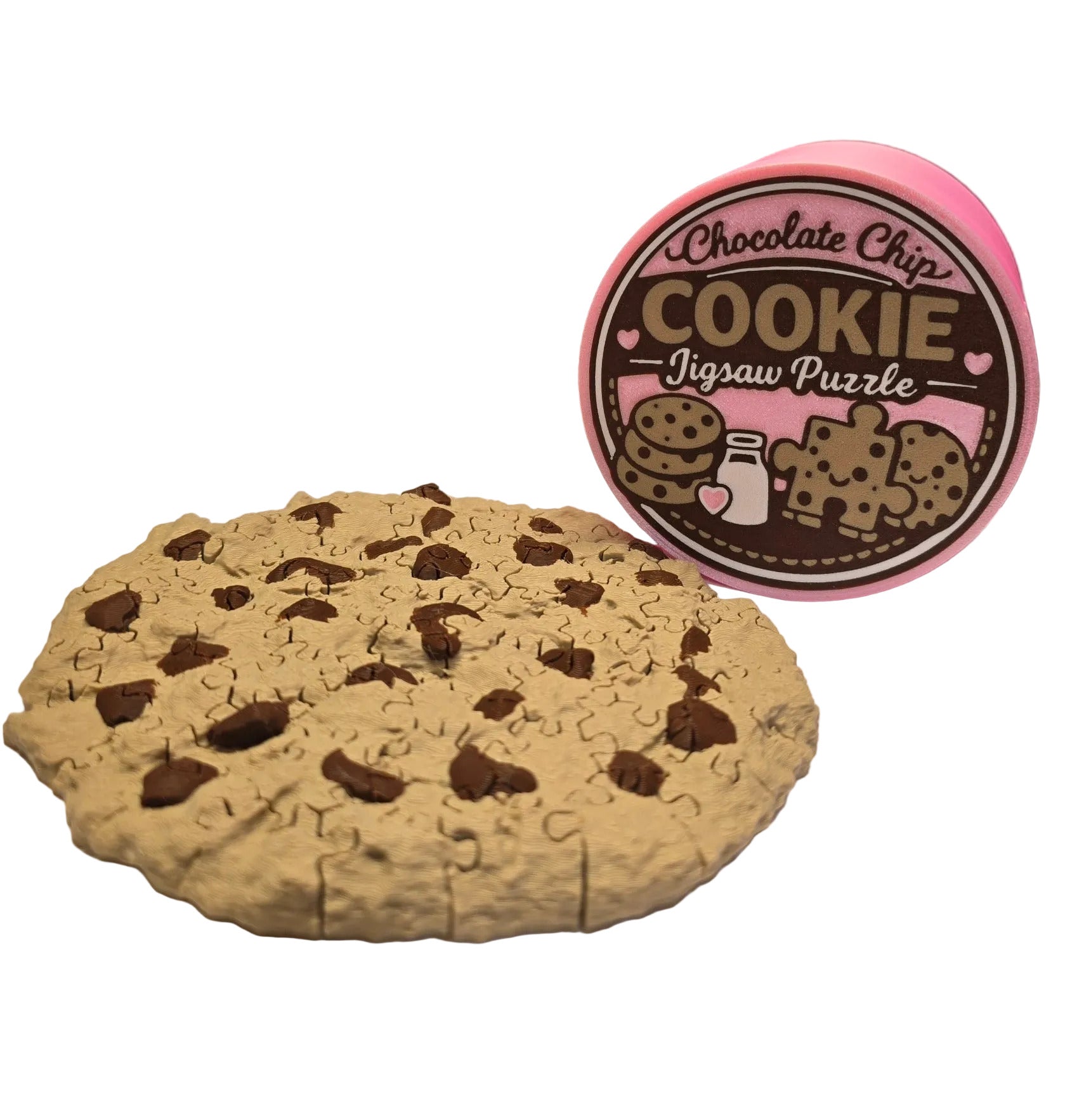 Chocolate chip cookie-shaped puzzle with a branded box on a desk.
