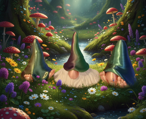Fantasy forest scene with gnomes and colorful mushrooms