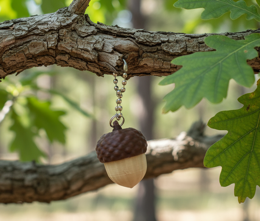 Acorn clicker keychain in tree