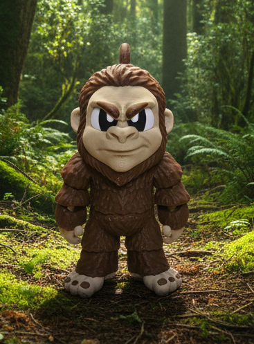 Plush toy of a character with a fierce expression on a white background