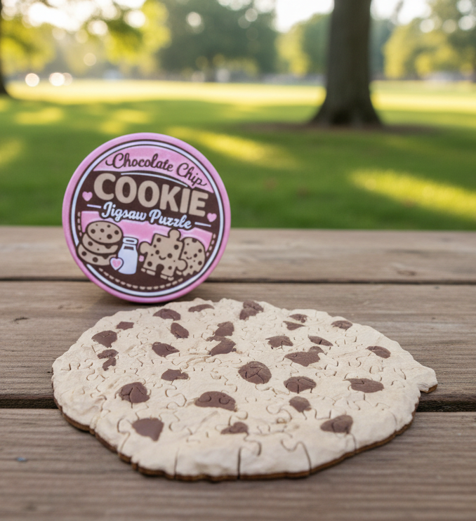 Chocolate chip cookie-shaped product with a circular label on a wooden surface outdoors.