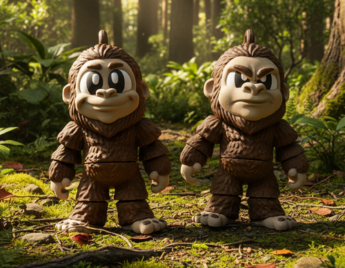 Two toy figures of a gorilla with different expressions on a white background