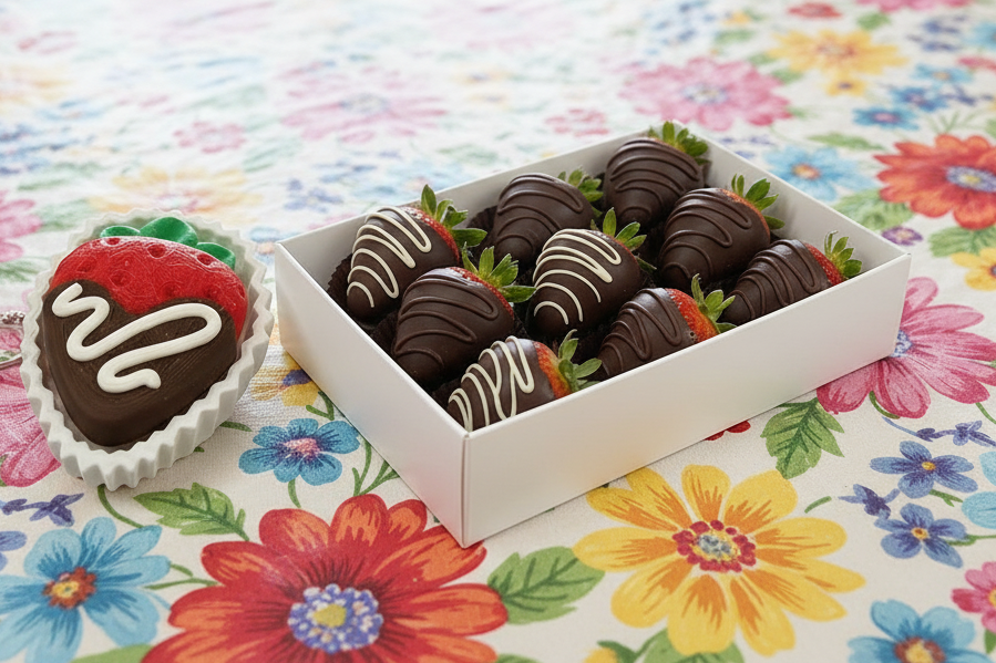 A white gift box filled with chocolate-covered strawberries, with one strawberry placed outside the box on the left. The strawberries are dipped in dark chocolate and decorated with drizzles of white chocolate, with green leafy tops visible.